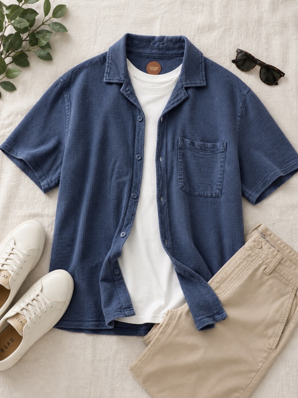 Blue Waffle Knit Short Sleeve Button Up Shirt Casual Textured Pocket Top Size XL